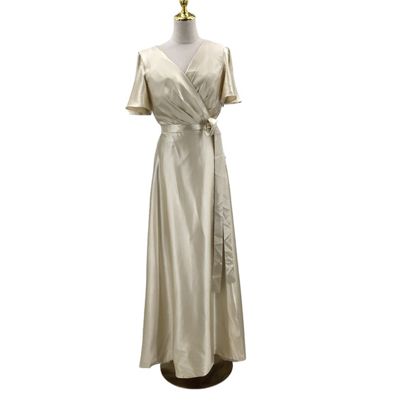 FORMAL SZ 6 S Cream Satin Flutter Sleeve Wrap Bridesmaid Maxi Dress NEW B24 - Picture 3 of 8